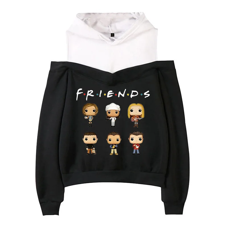 Funny Friends Off Shoulder Hoodies for Women Vintage Streetwaear Friends Tv Show Harajuku Sweatshirt Graphic Pullovers Clothes