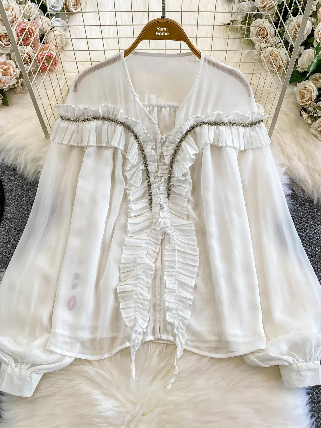 Franse Sle V-Ne Splice Kant Zwaar Verfraaid Losse Chiffon irt Vrouwen Herfst Jeugdige Losse Top Ele Quali