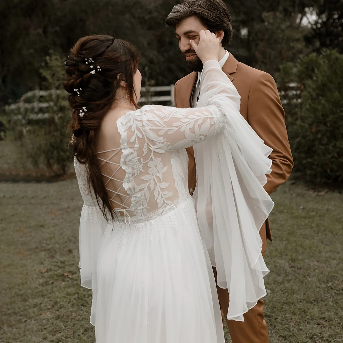 طويل صالح ومضيئة الأكمام تشبه جناح الخفّاش ورقة الدانتيل بوهو فستان الزفاف الشاطئ مخصص الشيفون حجم كبير عارية الذراعين الدانتيل يصل زي العرائس