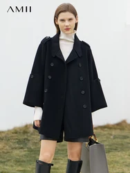 AMII Minimalist England Style Women Woolen Coat 2023 Winter New Loose Casual Double Breasted Office Lady Solid Blends 12344021