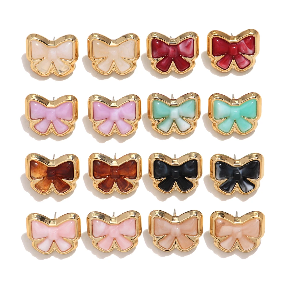 Trend Golden Frame Bowknot Acrylic Stud Earrings Sweet Multicolor Marble Texture Bow Shape Stud Fashion Ear Jewelry Gift