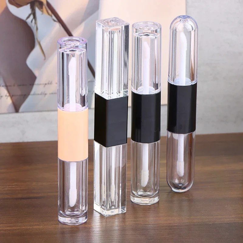 หลอดลิปกลอสแบบเติมได้ 2-in-1 ทรงรีแบน พร้อมหัวแปรง ป้องกันการรั่วซึม บรรจุภัณฑ์พลาสติกสำหรับเดินทาง 1 ชิ้น