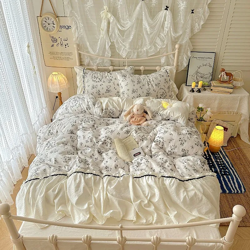 Puff Flower Edge Quilt Cover 4 Piece Set Korean French Lazy Style Princess Bedding Dormitory Bedroom Duvet Cover Set