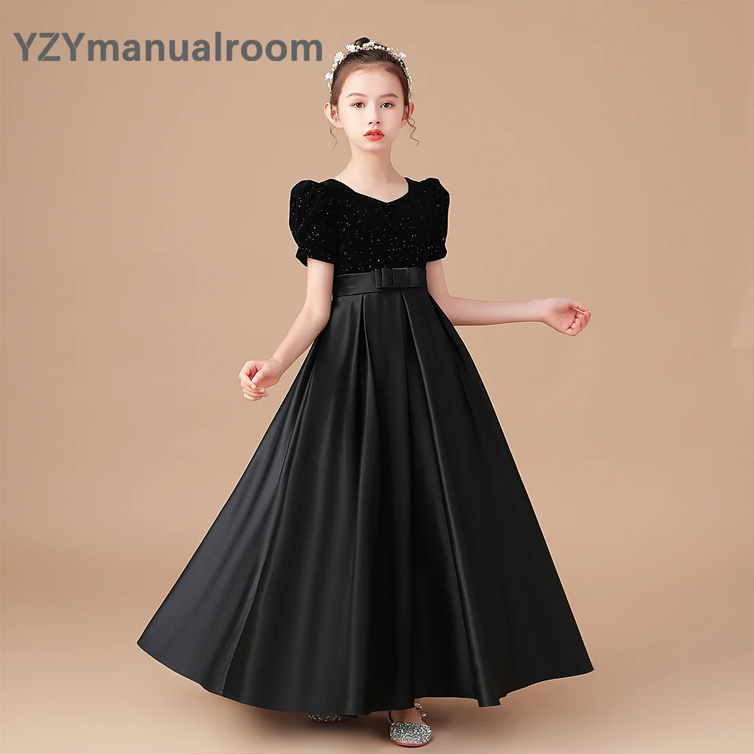 

YZYmanualroom Elegant High-end Velvet Satin Black Concert Dress Pleated Junior Girls Pageant Princess Gown Long Flower Girl Dres