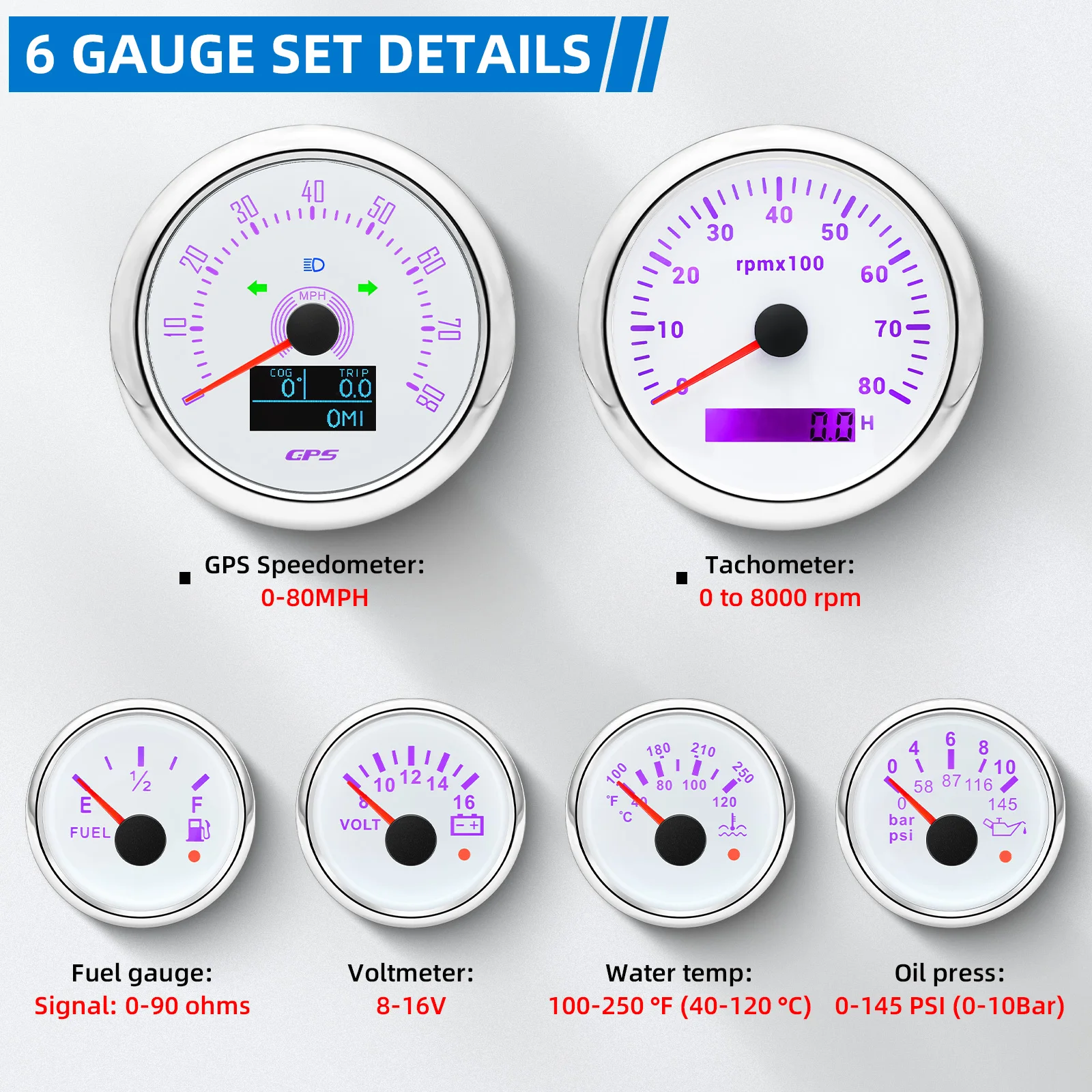 6 Gauge Set with Senders 85mm GPS Speedometer 80MPH 120MPH Tachometer Water Temp Oil Pressure Fuel Voltmeter Gauge for Boat Car