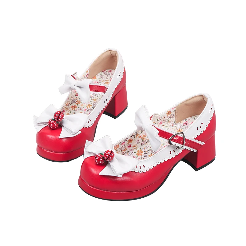 Mid Heel 4.5cm Lolita Strawberry Bell Double Bowknot Sweet Japanese Lace Kawaii Women Shoes Anime Cosplay Tea Party Loli Wear