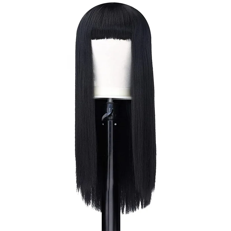 Natural black long straight hair with bangs female chemical fiber headgear Black wigs