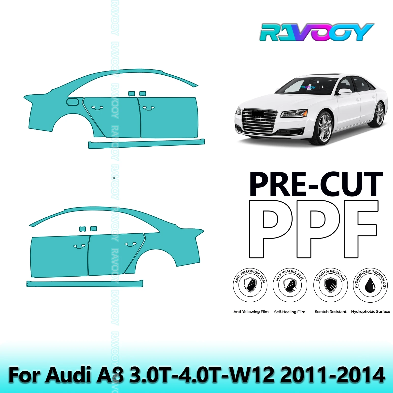 

For Audi A8 3.0T-4.0T-W12 2011-2014 8.5mil Clear Matte Pre-Cut PPF Door & A/B Pillar Kit TPU Paint Protection Film Set
