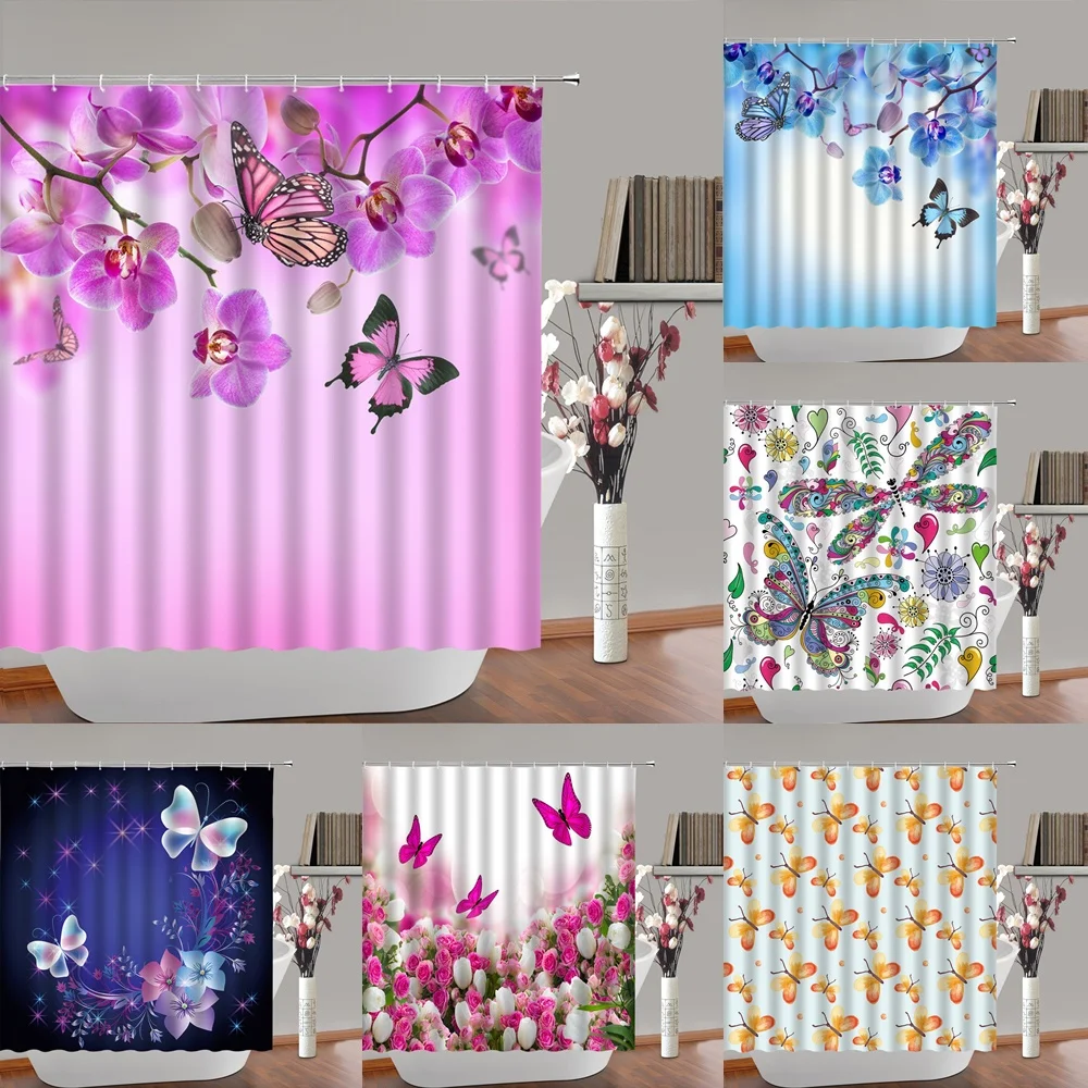 

Flowers Butterfly Shower Curtain Floral Butterflies Spring Nature Dream Fantasy Gargen Home Fabric Bathroom Curtains Decor Sets