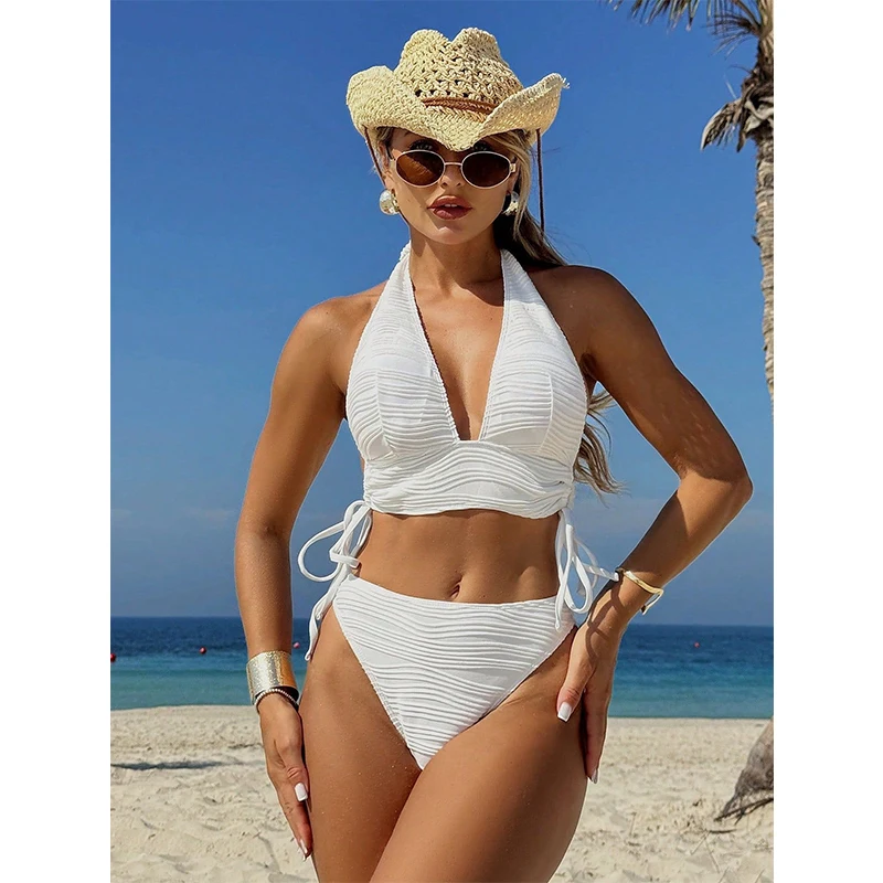 Conjunto de Bikini Blanco Sexy sin Espalda para Mujer, Traje de Baño de 2 Piezas para Playa, Verano 2026, Nuevo Traje de Baño con Cuello Halter