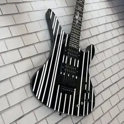 Bullhorn style 6-string integrated electric guitar, black body with white stripes, high gloss, rose wood fingerboard, maple wood