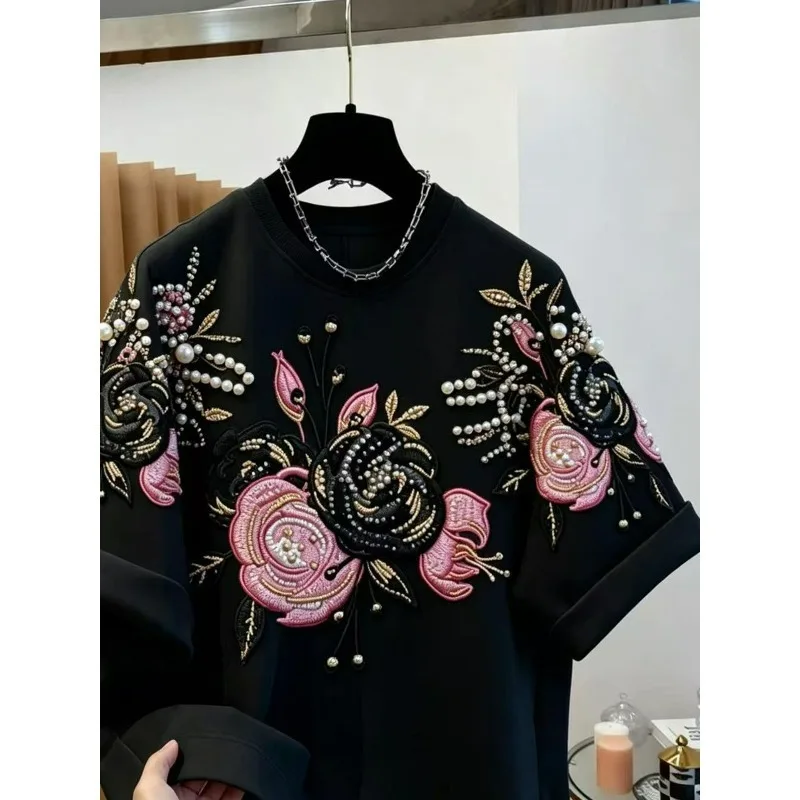This Is A Must-have Short-sleeved T-shirt Summer Suitable for Both Men Women Comes Large Size Beaded Embroidery Loose Round Neck