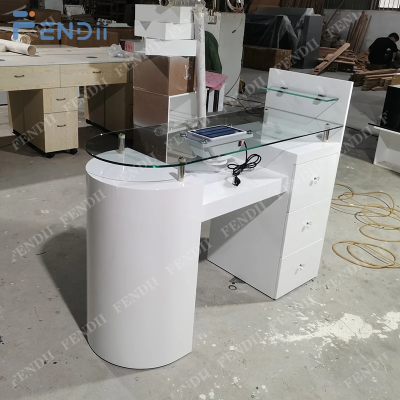 Маникюрный стол со стеклянной столешницей Деревянный современный стол для ногтей с пылесборником