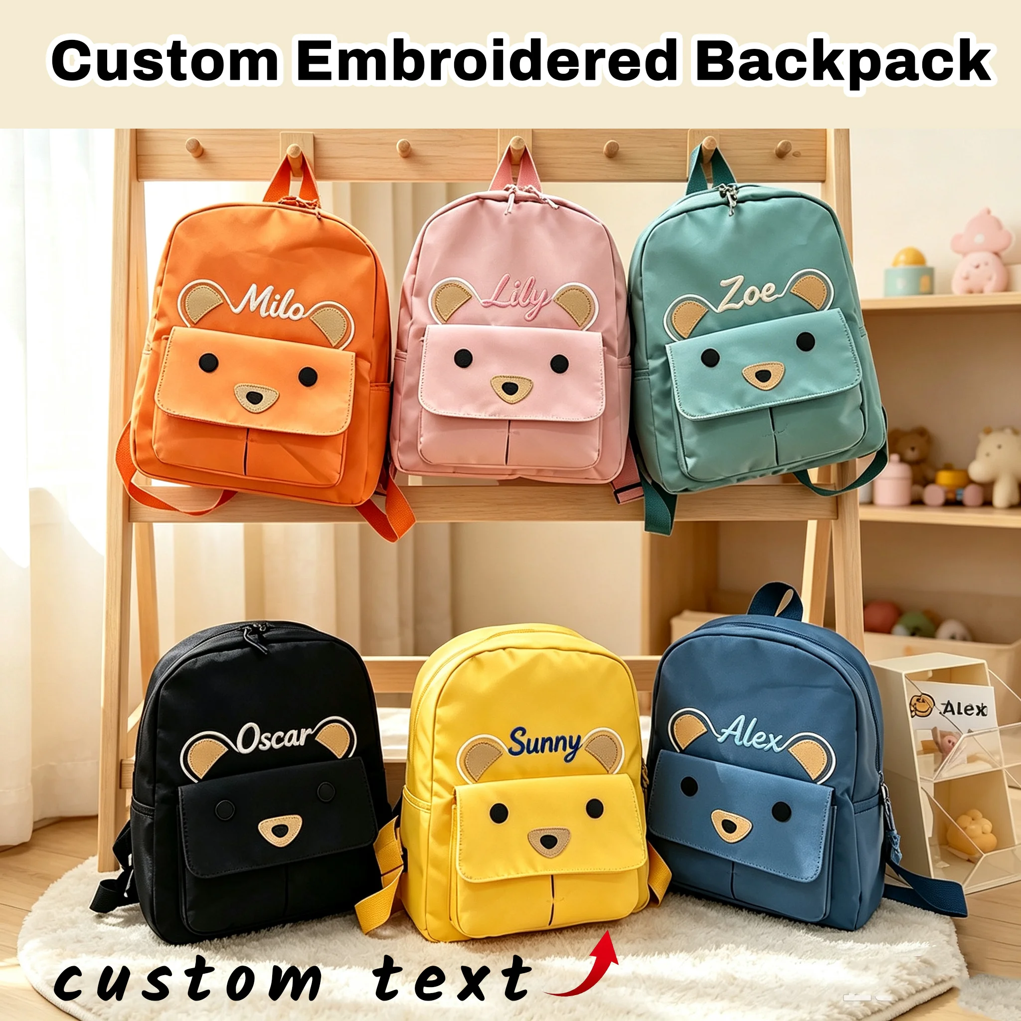 Personalized Embroidery Cute Bear Kids Backpack, Summer Casual Children School Bag, Unisex Boys Girls Daily Backpack Gift