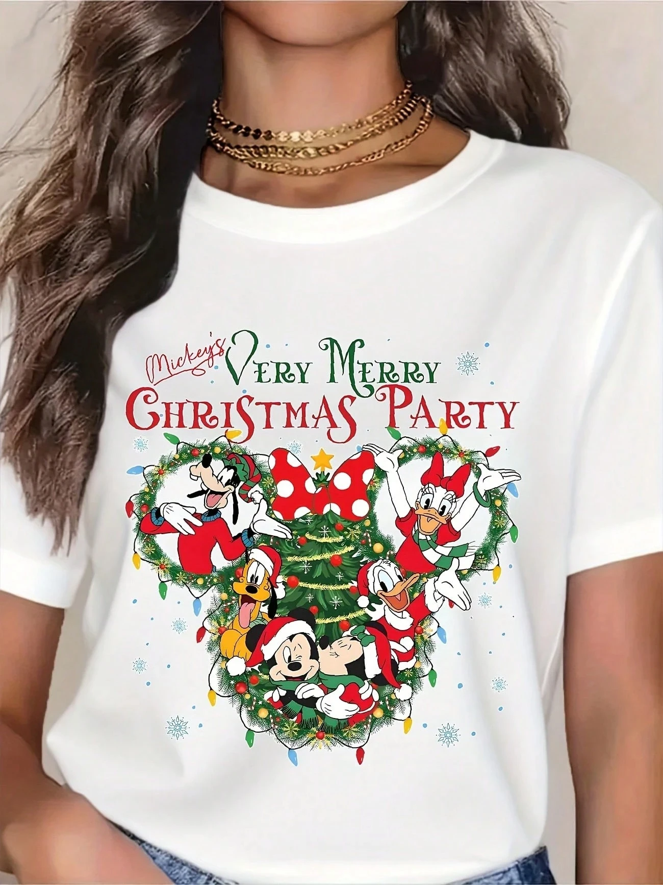 تي شيرت ديزني ديزني ميكي ماوس حفلة عيد الميلاد المجيد جدًا للنساء مع تصميم عطلة احتفالية تي شيرت كبير الحجم #2