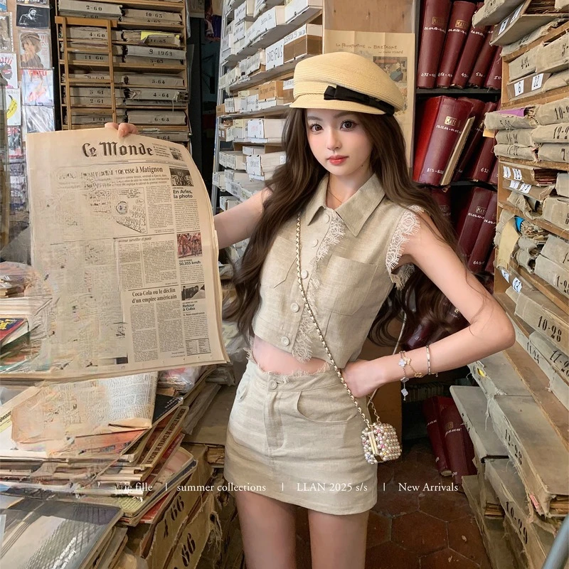 

Gothiscyn Casual Linen Set Women's Summer Turn-down Collar Lace Vest High Waist Wrap Hip Mini Skirt Two-piece Set Female Clothes