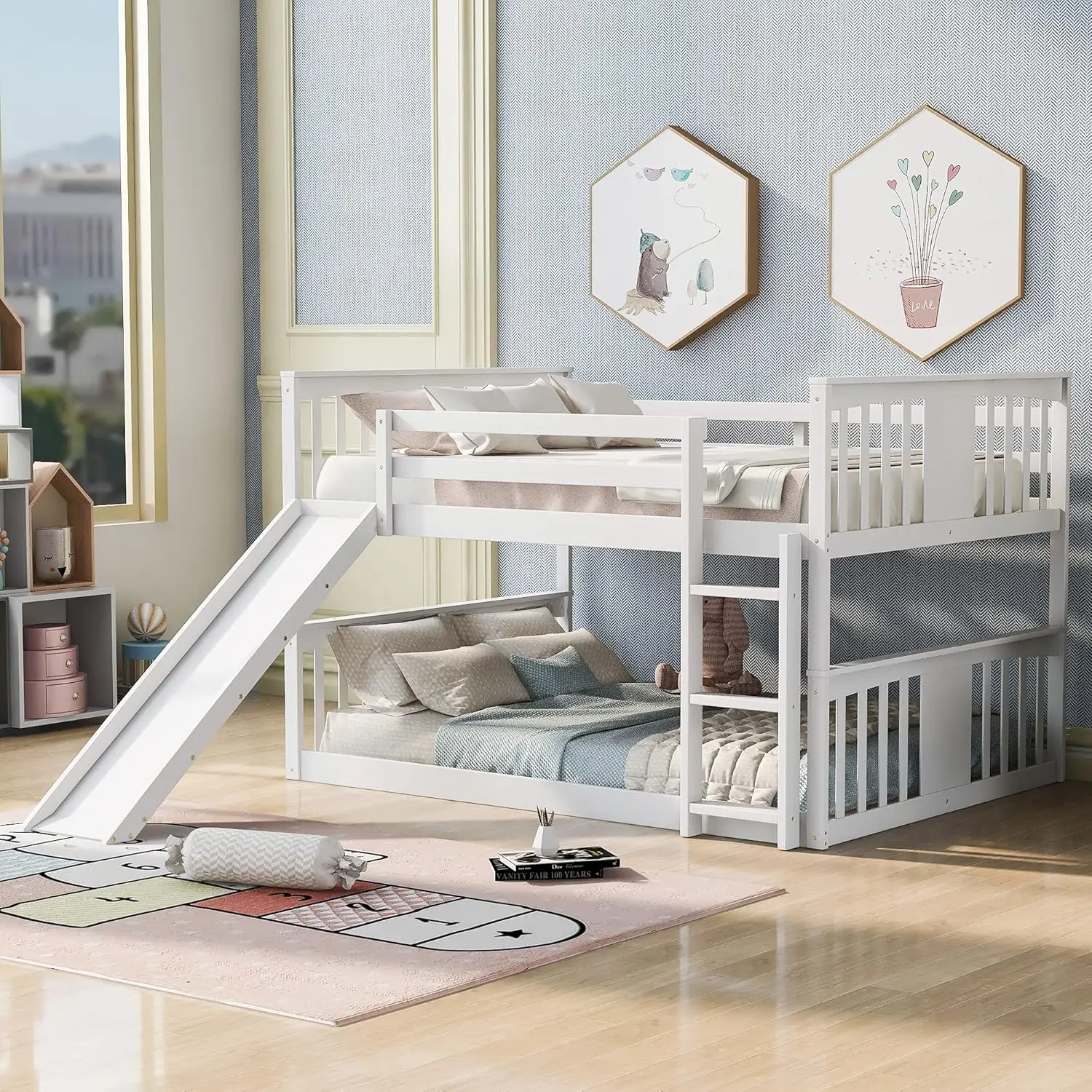 Lit Superposé Complet avec Coulissante, Cadre de Lit Bas en Bois Massif avec Échelle, Dortoir de Chambre pour Adolescent et Adulte, 14 Lamelles en Bois