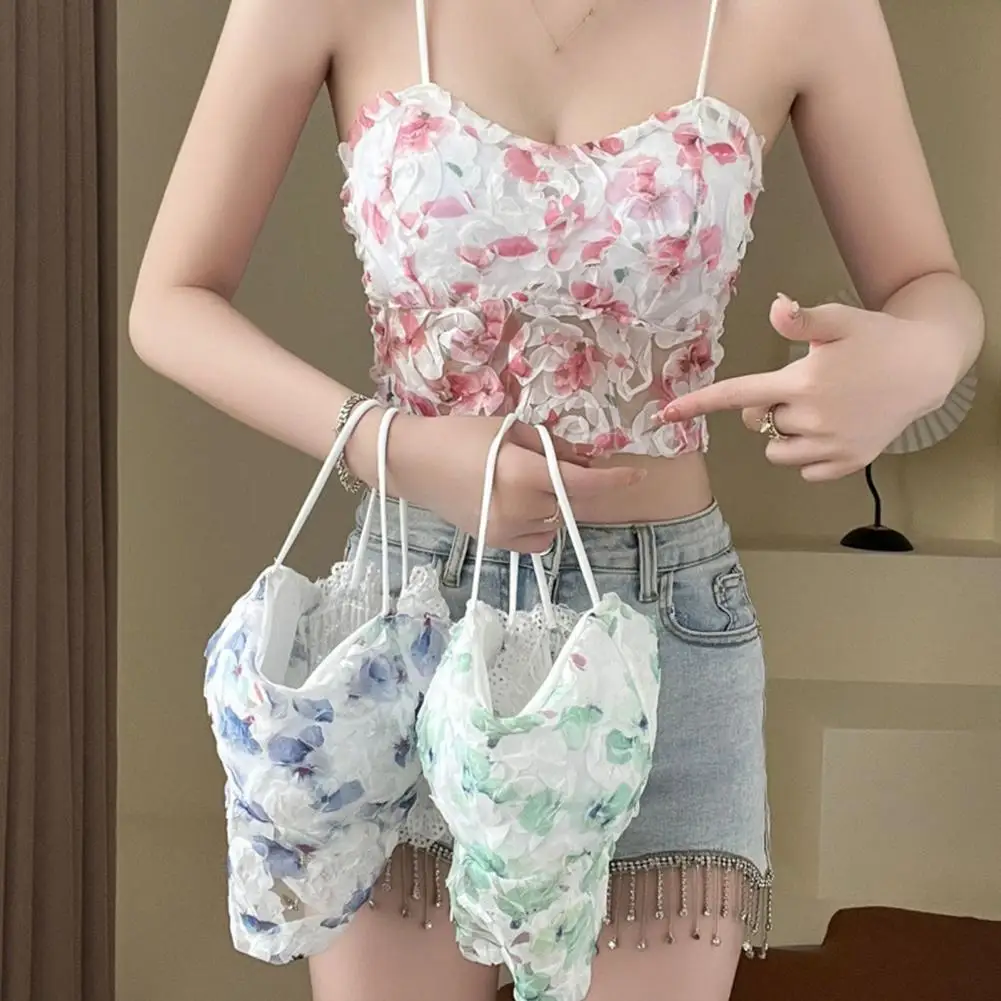 

Women Sleeveless Lace Camisole Floral Spaghetti Strap Tank Top Female Summer Pink Vest With Chest Pad Crop Top 2000s Clothes