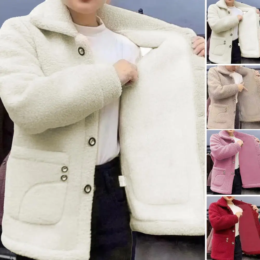 Single-breasted Jacket Cozy Winter Fleece Coat with Side Pockets Turn-down Collar Coldproof Outwear Jacket for Women Stylish