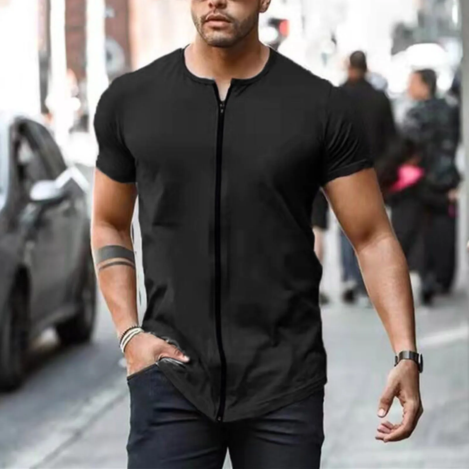 Male Summer Casual Zipper T Shirt Blouse Short Sleeve Round Neck Tops T Shirt