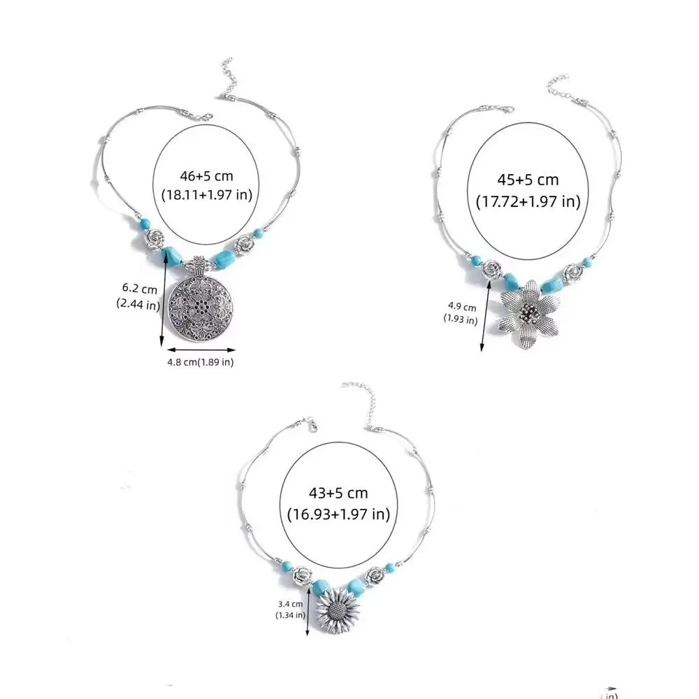Chic Bohemia Ethnic Pedant Necklace Metal Chain Turquoise Beads Chain Necklaces Charm Flower Jewelry Accessories Women Girls