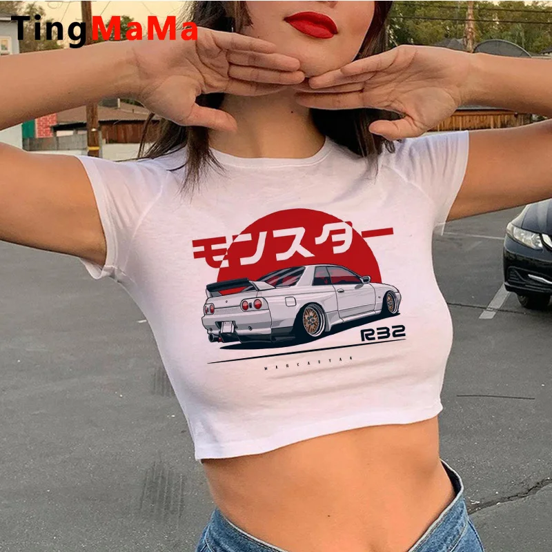 Jdm tshirt female white aesthetic tumblr crop top white t shirt streetwear