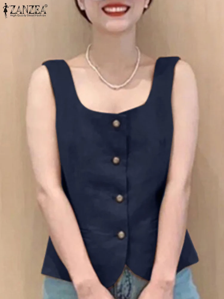 Zanzea quadratischen Kragen ärmellose Hemden elegante Frauen pendeln lässige Westen Tops koreanische Mode Knopf bis Sommer 2024 Tanktops