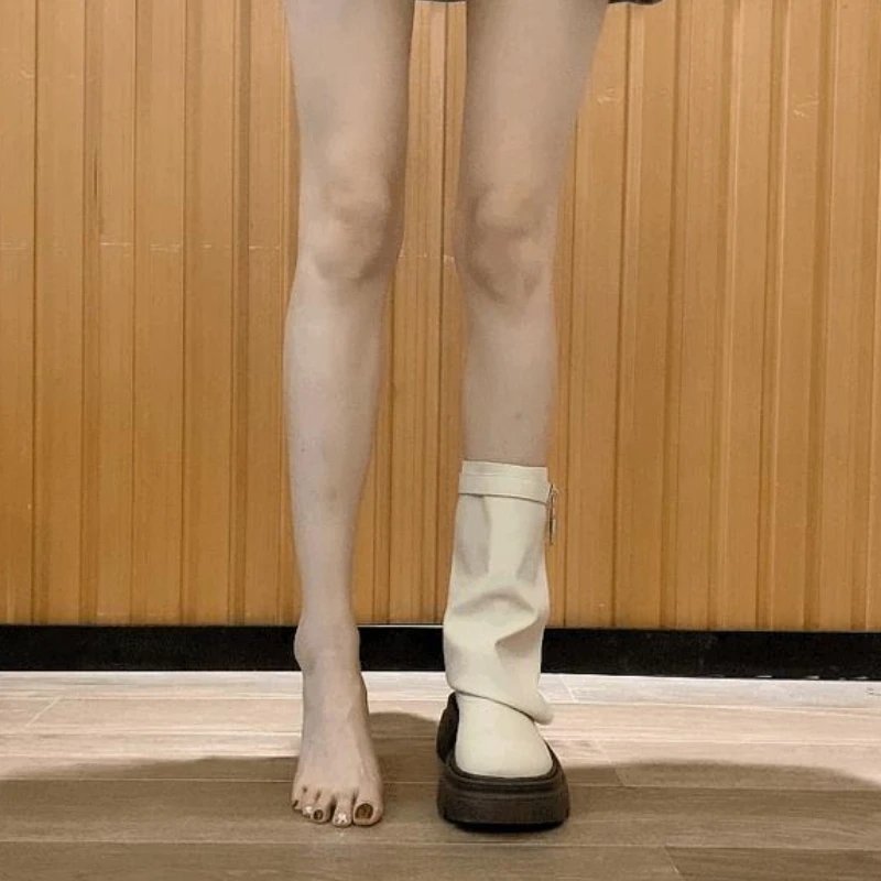 

Кожаные туфли без шнуровки с круглым носком до середины икры, женские туфли 2025 года, новая акция, водонепроницаемое предложение, готические полувысокие сапоги из искусственной кожи Y2k для женщин