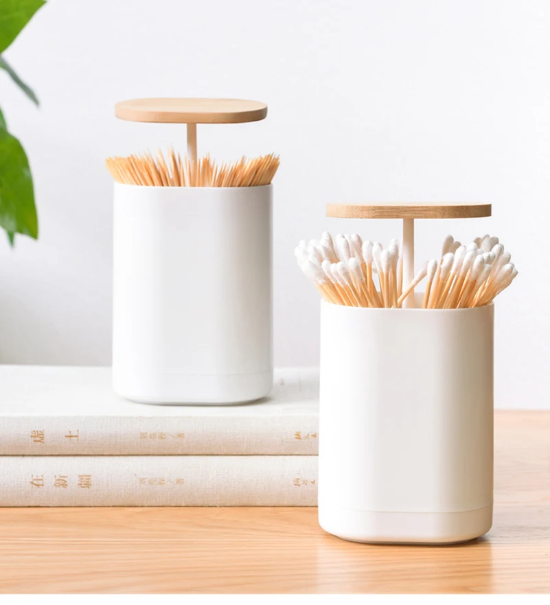 Automatic Lifting Toothpick Box Bamboo Wood Creative Press Type Toothpick Storage Box Cotton Swab Case Toothpick Jar Holder