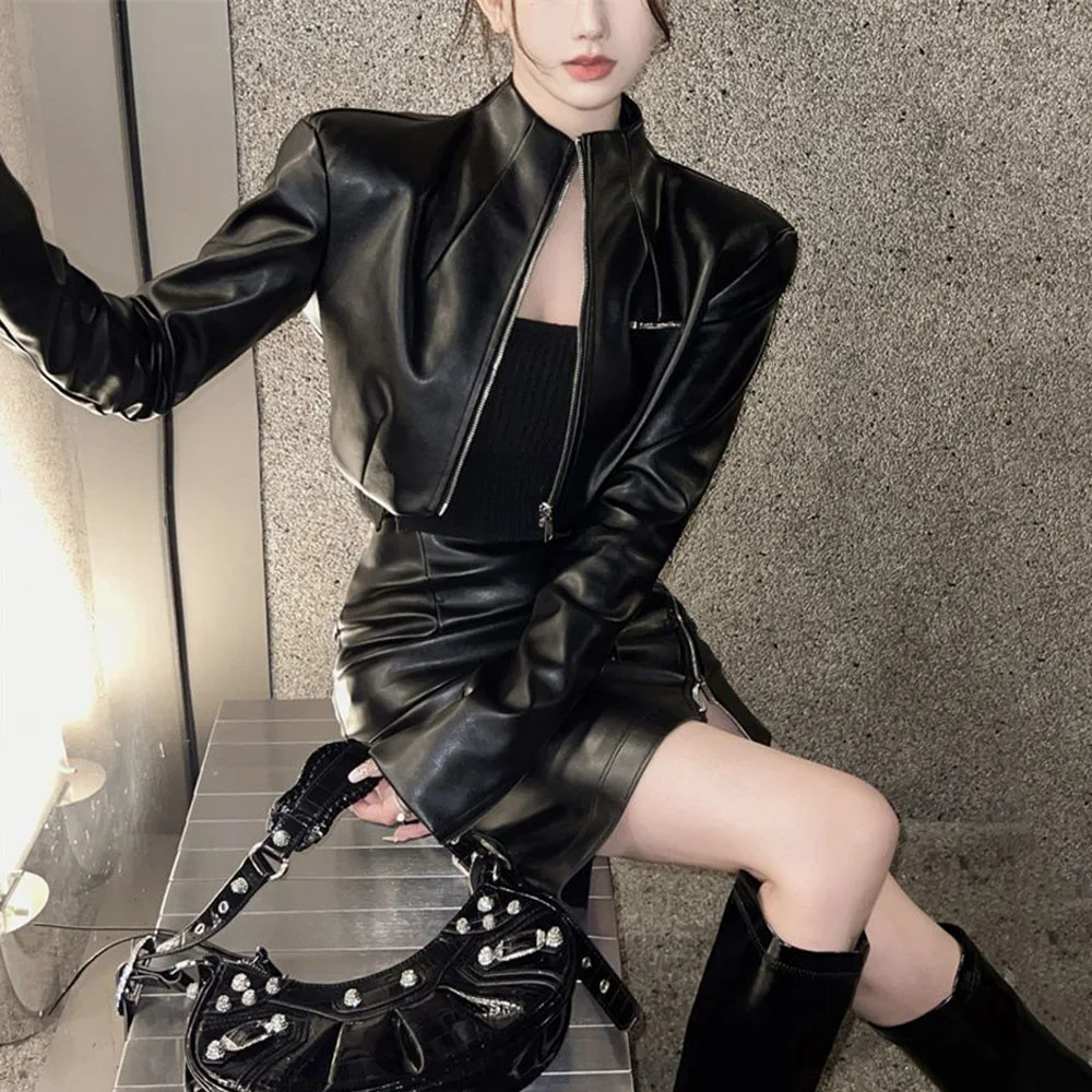 2023 Autumn New High Street Two-piece Set Casual pu Leather Long Sleeve Crop Jacket + Asymmetric Zipper Sexy A- Line Skirt Women