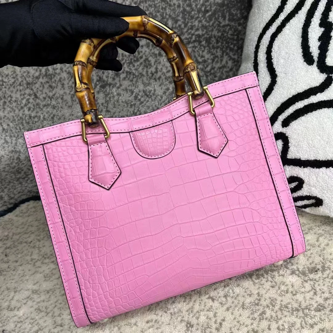 Bamboo Handle Genuine real crocodile leather skin women tote handbag white pink durable solid top quality crocodile skin handbag