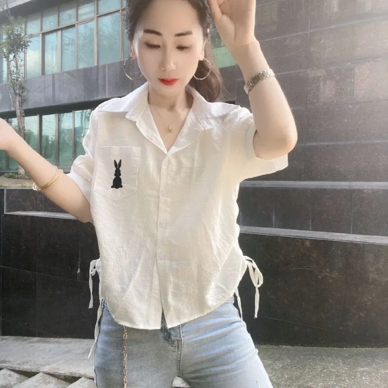 Women Green Short Sleeve Shirt with Rabbit Embroidery and Drawstring Casual Summer Blouse - view 4