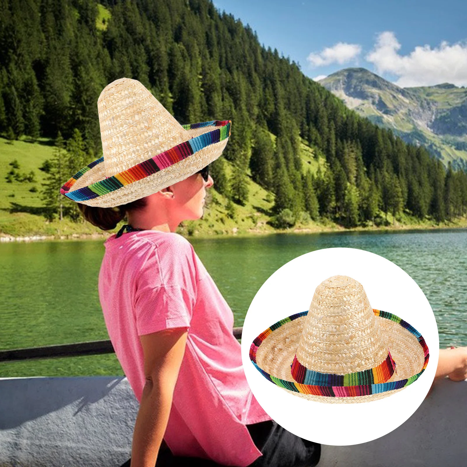 

Mexican Sombrero Hat 43 Cm Diameter Fiesta Straw Carnival Hat For Adults Colorful Drawstring Lightweight Breathable