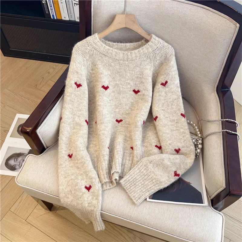 

Embroidery Heart Knitted Sweater Korean Style Lazy Style Autumn Winter New Long Sleeve T-shirt Casual Fashion O-neck Pullover