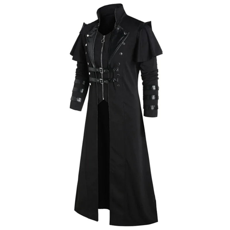 Armadura medieval Disfraz de pirata de elfos Steampunk Medieval para hombre adulto, Chaqueta larga dividida negra, abrigos de cuero de armadura