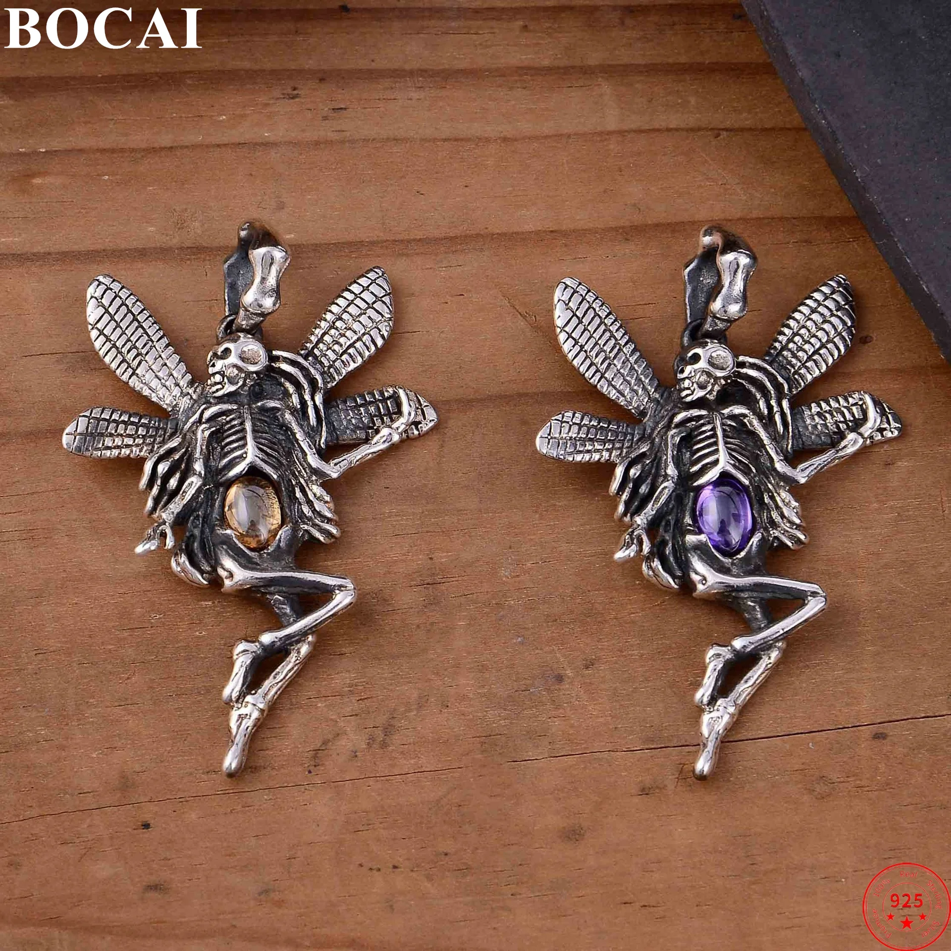 

BOCAI S925 Sterling Silver Charms Pendants for Women Men Retro Angel Wings Skeleton Skull Charm Zircon Punk Jewelry Wholesale