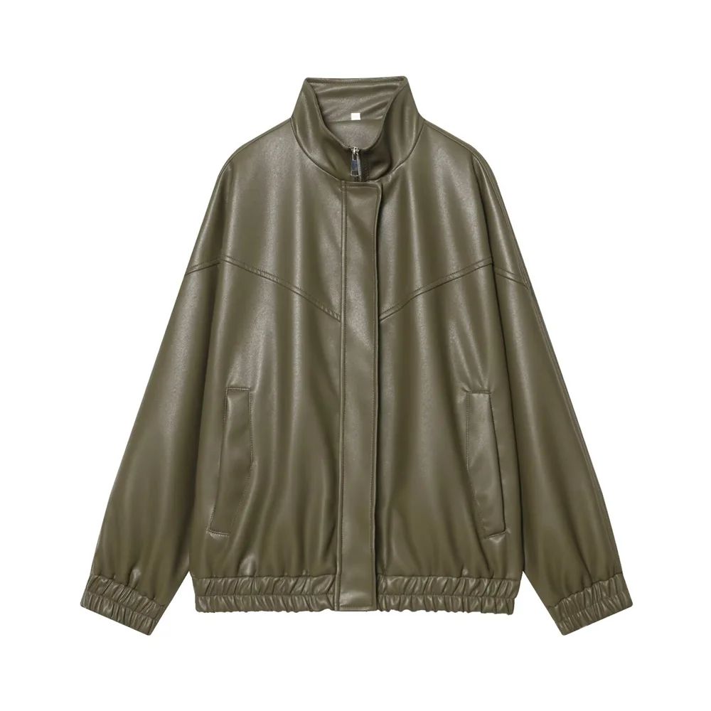 2025 Winter New Women's Simple Casual Long Sleeve Stand up Collar Imitation Leather Pilot Zipper Jacket Coat