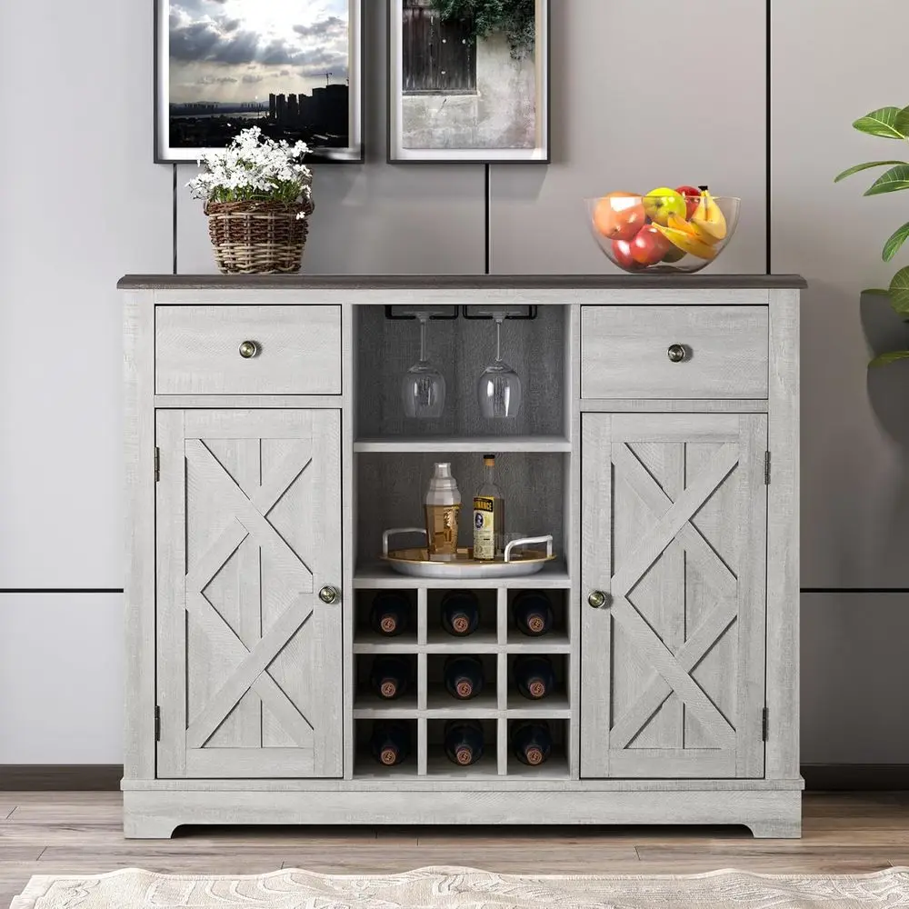 

42 Dual-Door Wine Cabinet with Glass Door, Drawers, Rack & Smooth Top for Dining Room