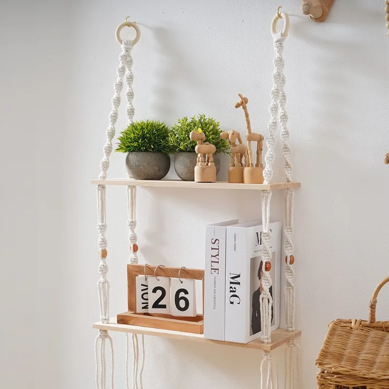 

1pcs Nordic Handwoven Macrame Wall Hanging Shelf with Tassels - Bohemian Style Living Room Decor Double Layer Storage Shelf