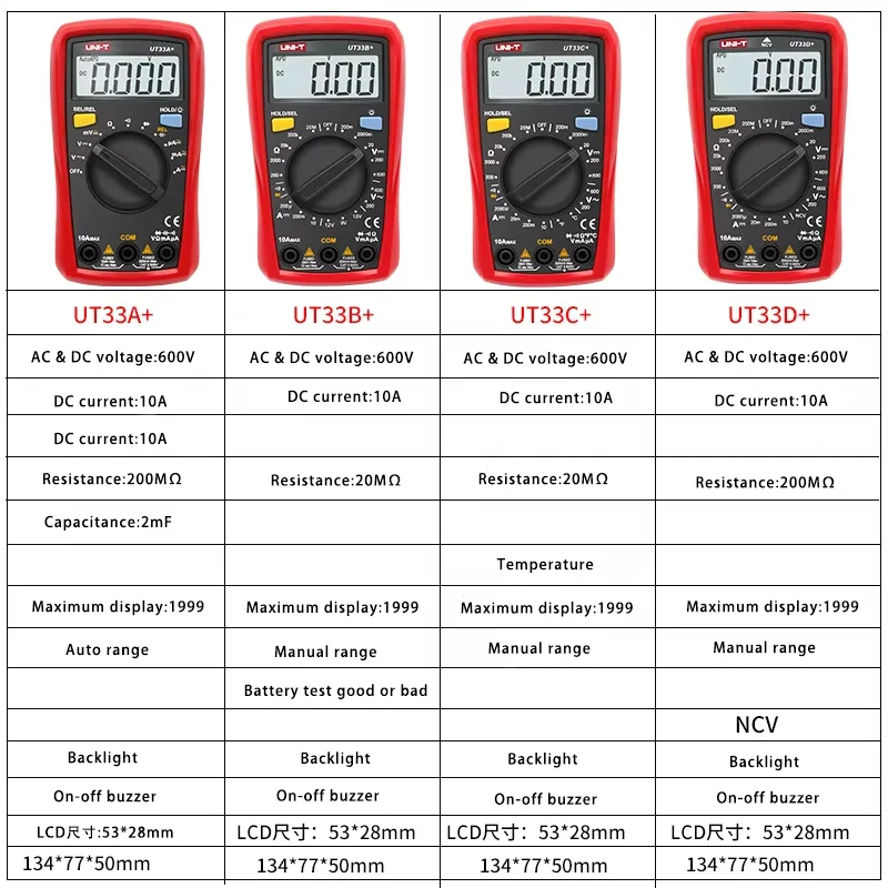 UNI-T UT33A UT33B UT33C UT33D Plus Multimetro tascabile Amperometro digitale Voltmetro Misura di resistenza professionale Multimetro