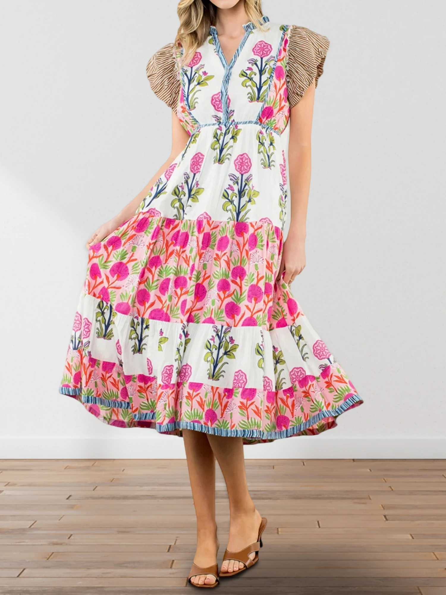 여름 파티와 해변 휴가에 딱 맞는 러플 소매와 V 넥라인이 있는 우아한 Boho 스타일 맥시 드레스