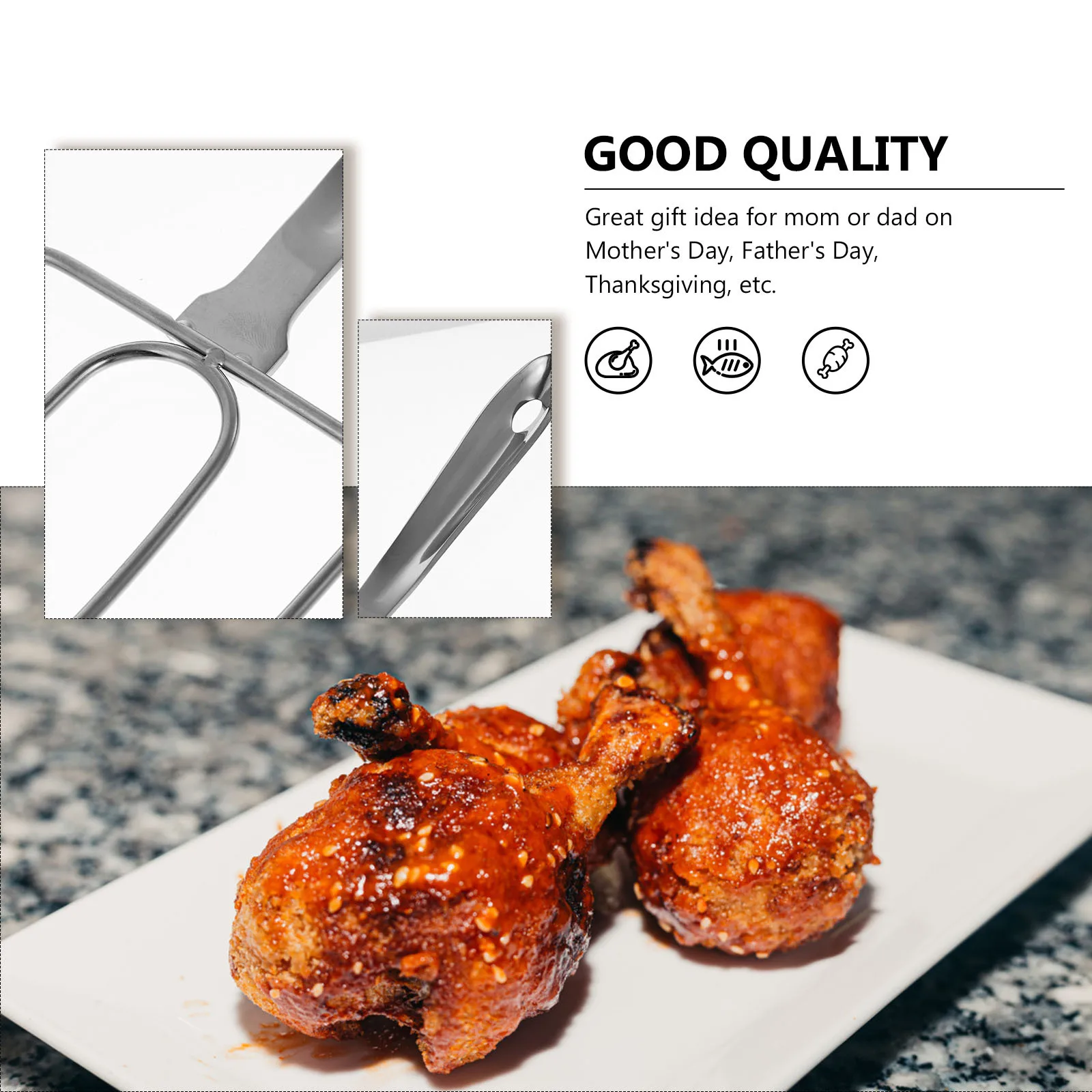 

1pc Stainless Steel Bbq Tool Roasting Skewer Ergonomic Long Handle Turkey Lifter Fork For Steak Meat Corn Lamb Hot Dog Outdoor