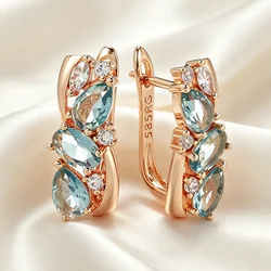Kinel New 585 Rose Gold Drop Earrings for Women Delicate Cut Dazzling Blue Natural Zircon Bridal Wedding Jewelry Accessories
