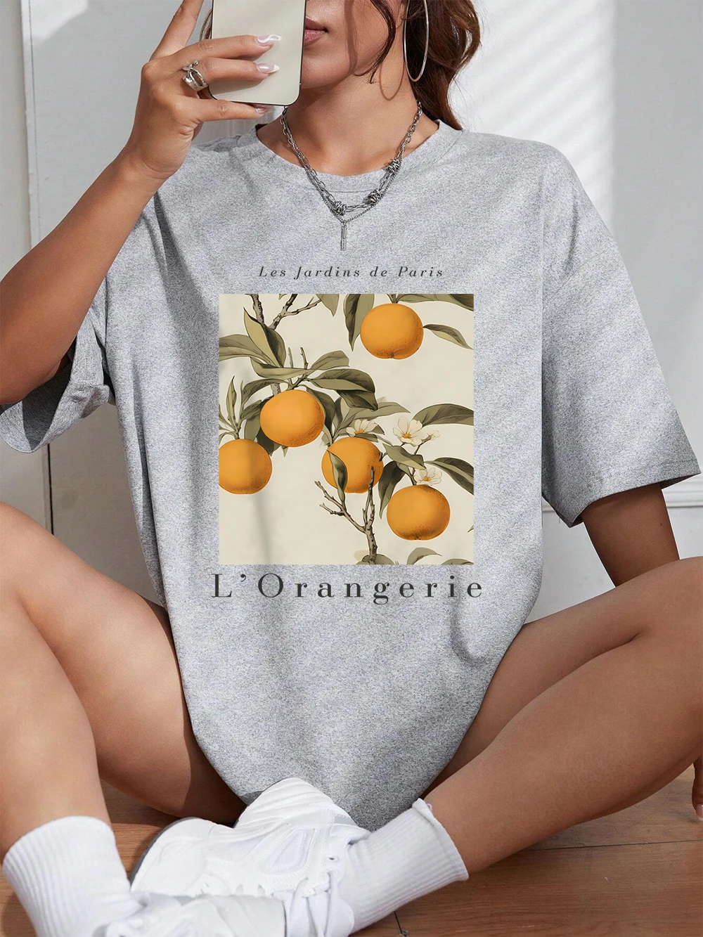 Fresh Oranges Fruits Printing T-Shirts Women Summer Cotton Tops Loose O-Neck Soft Comfortable Short Sleeve Street Woman Clothes