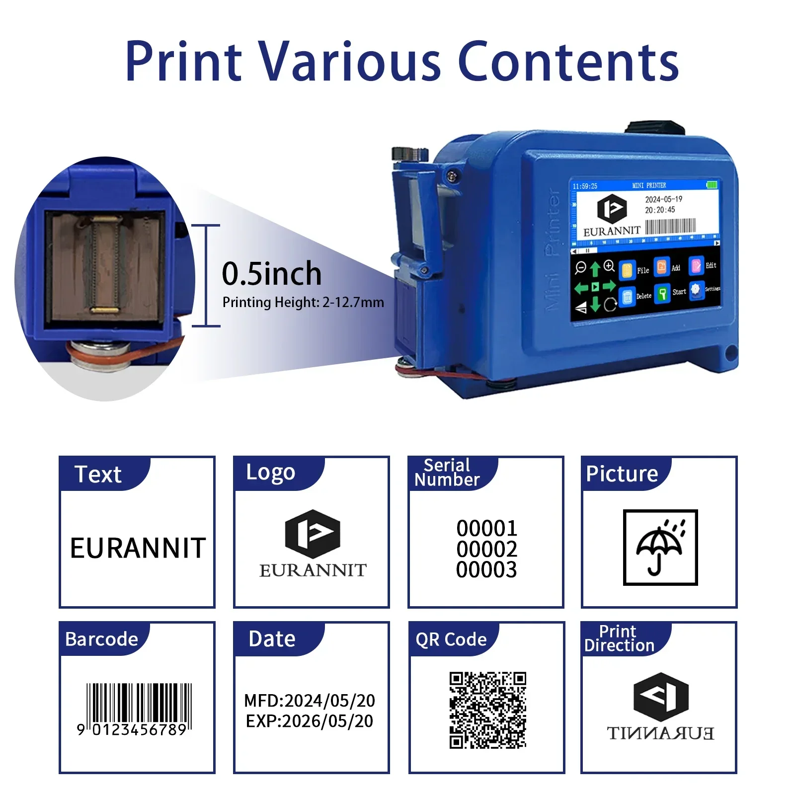 EURANNIT E11 12.7mm/0.5inch Portable Mini Printer Handheld Inkjet Printer unencrypted QR Barcode Image Logo Date Coding Machine