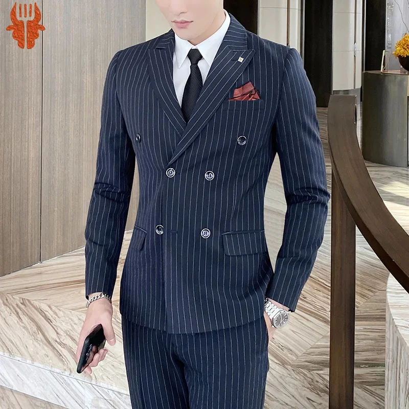 

[Jacket+Vest+Pants] Men's double-breasted British stripes 3-piece suit for men's wedding business suits luxury slim dress
