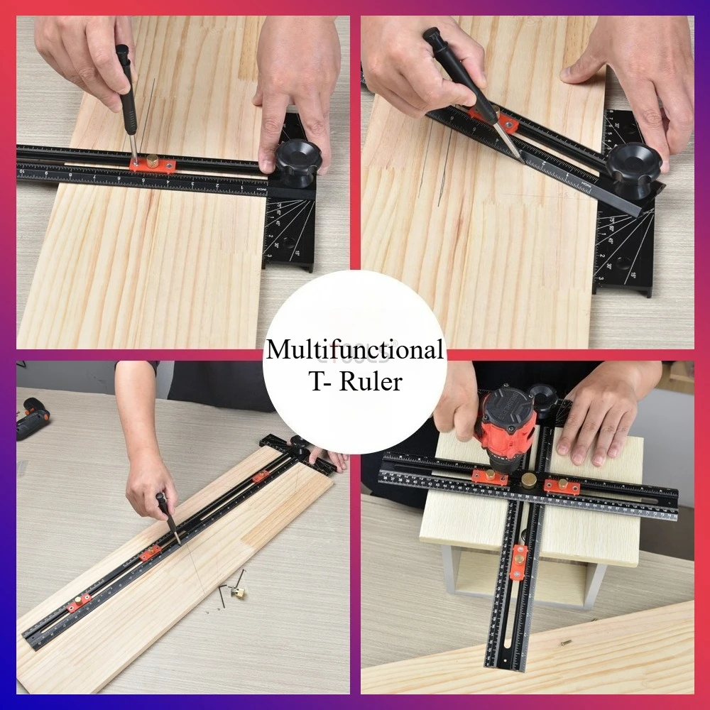 40/80cm Woodworking T-Square Ruler Automatic Lock Drilling Locator Positioning Ruler Multifunctional Angle Scribing Marking Tool