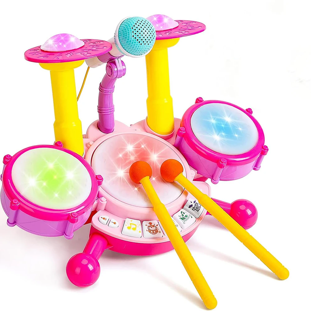 Kit de bateria elétrica para crianças, meninos e meninas, instrumentos musicais, brinquedos de aprendizagem com 2 baquetas, microfone ajustável, aniversário para meninos e meninas