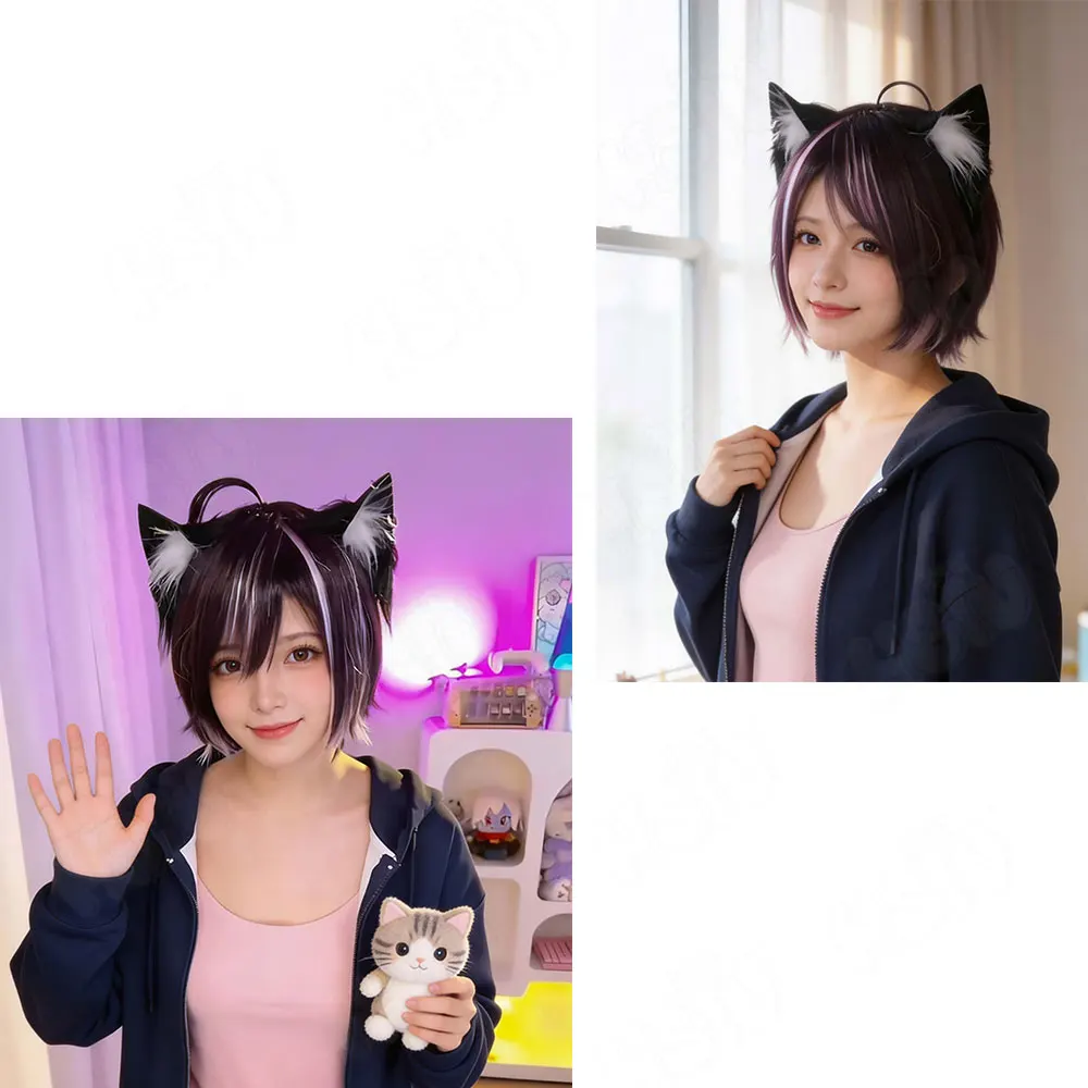 Chainsmoker Cat Cosplay Wig Black and purple mixed pink short Heat Resistant Synthetic Hair Anime Yani Neko Cosplay Wig