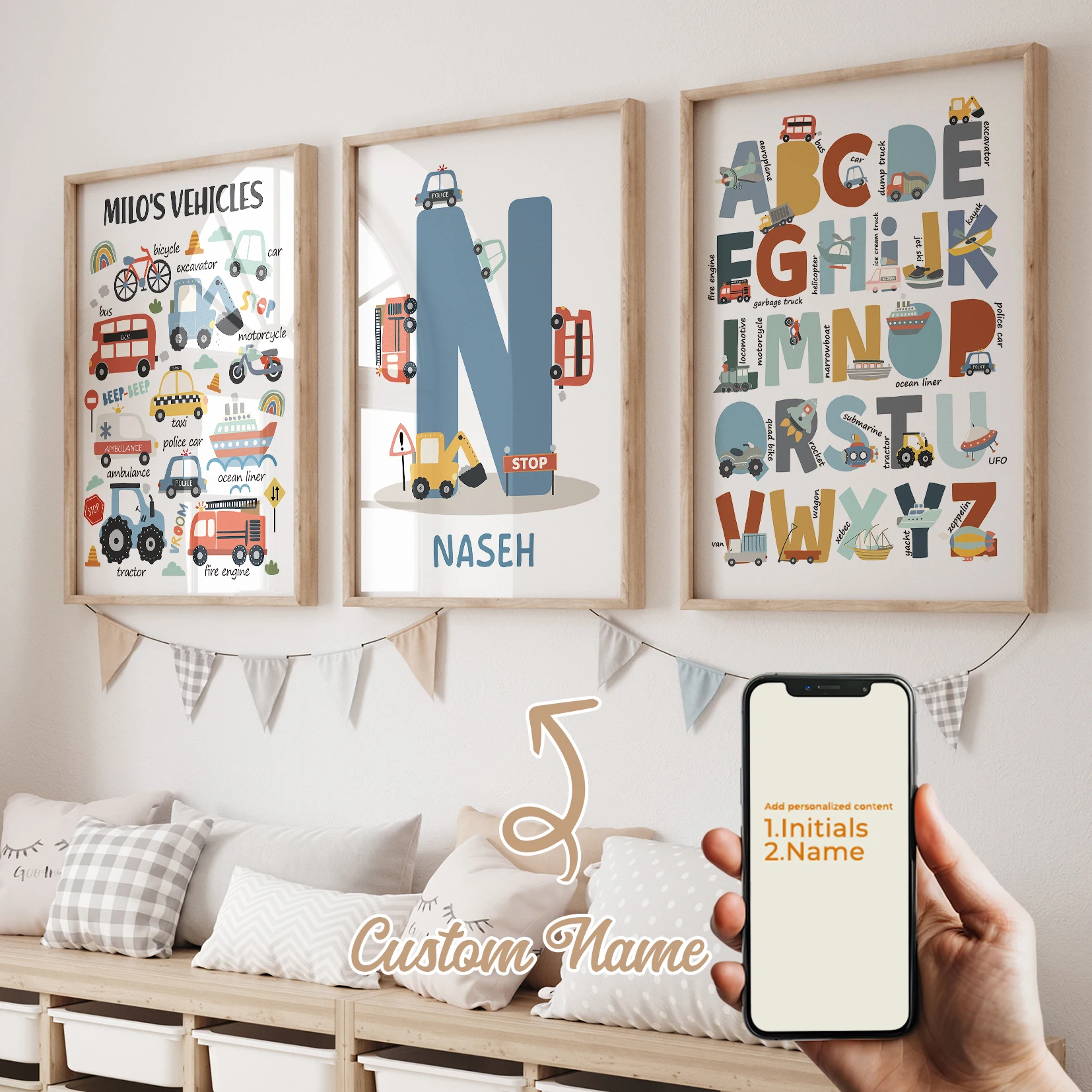 3pcs Personalized Custom Name Cartoon Car letters Wall Art P